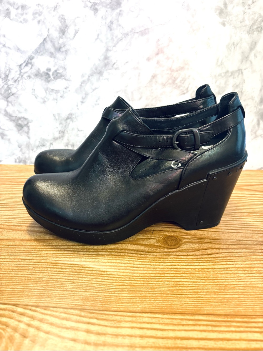 Dansko Franka Platform wedge Clogs Black Leather Size 38 - Picture 2 of 8